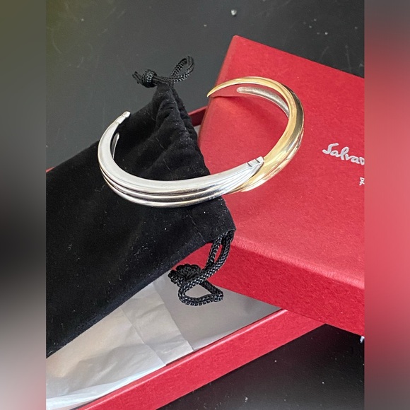Salvatore Ferragamo thin wedge sterling silver tri-color open cuff bracelet - Picture 1 of 11
